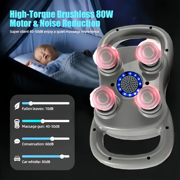 This Handheld Deep Tissue Massager Features a Four-Head Massage Gun with an Ergonomic Design, USB Power Supply, And ABS Material. It Has Adjustable Speeds And Is Suitable for Relaxing Various Body Parts Including The Feet, Legs, Waist, Back, And Neck.
