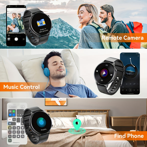 Smart Watch Fitness Tracker for Android Ios Mobile Phones, Sports Running Digital Watch with Sedentary Reminders, Music Control, Circular Touch Screen Smart Watch, Gift for Men Women