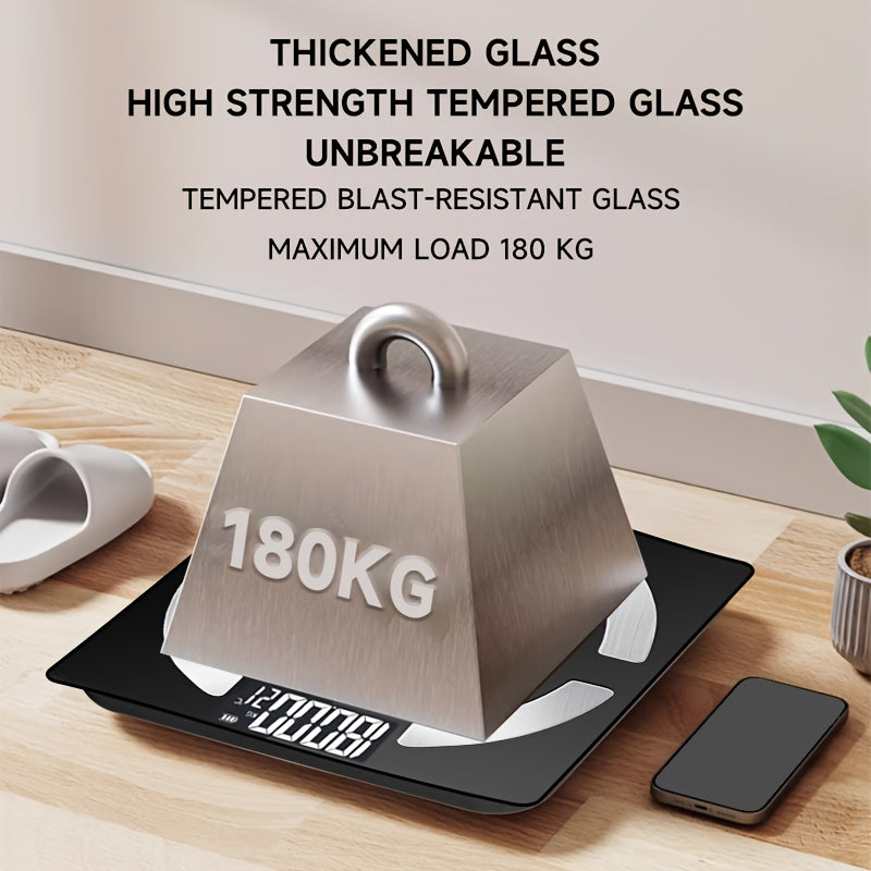 High-Precision Smart Bathroom Scale with HD Display, Capable of Measuring Up to 400 Lbs, Providing Data Analysis for BMI, Muscle, And Moisture Levels, And Connecting to a Mobile App.