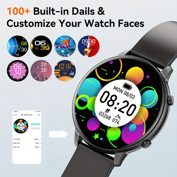 Smart Watch Fitness Tracker for Android Ios Mobile Phones, Sports Running Digital Watch with Sedentary Reminders, Music Control, Circular Touch Screen Smart Watch, Gift for Men Women