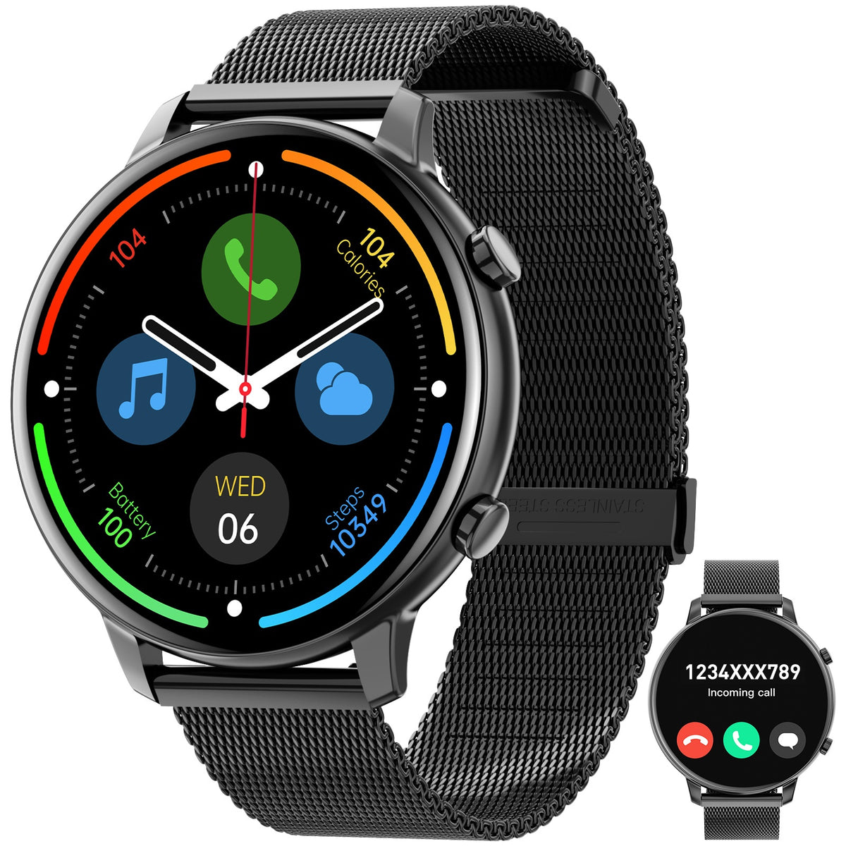 Smart Watch Fitness Tracker for Android Ios Mobile Phones, Sports Running Digital Watch with Sedentary Reminders, Music Control, Circular Touch Screen Smart Watch, Gift for Men Women