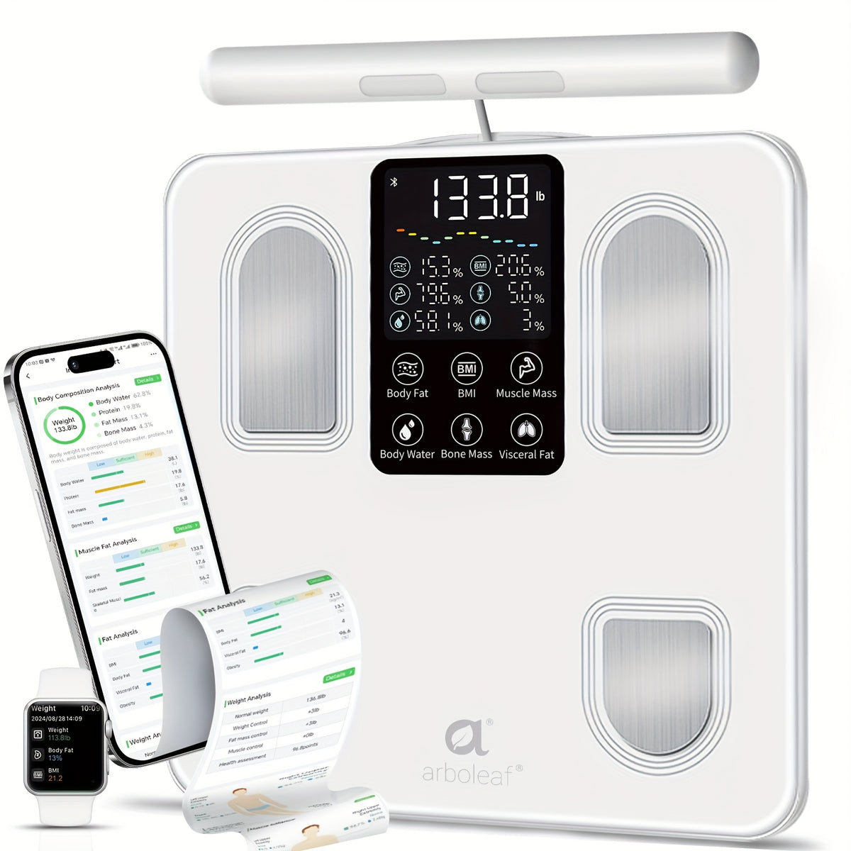 Arboleaf Smart Body Fat Scale With Sensory Handle-8-Electrode High Precision Body Composition Monitor With 26 Metrics, Large LED Display, BMI, Muscle & Fat Measurement, Compatible For Apple Health And Android Health, Suitable For Gym And Home Use
