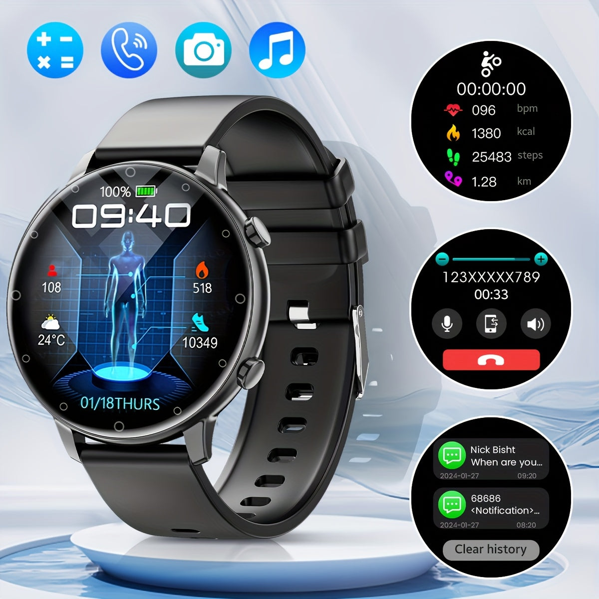 Smart Watch Fitness Tracker for Android Ios Mobile Phones, Sports Running Digital Watch with Sedentary Reminders, Music Control, Circular Touch Screen Smart Watch, Gift for Men Women