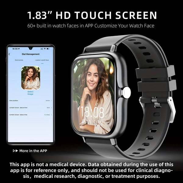 Wireless Smartwatch with 1.83'' HD Touchscreen – Smart Notifications, Sleep Tracking, Multi-Sport Modes, Large Battery | Compatible with iPhone & Android | Fitness Watch for Men & Women