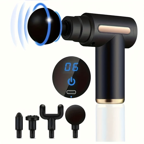6pcs Portable Gun Set with LED Touchscreen And 4 Interchangeable Heads, USB Rechargeable Deep Tissue Vibration Massager for Sports, Fitness And - Ideal Gift for Men And Women: Lightweight Gun
