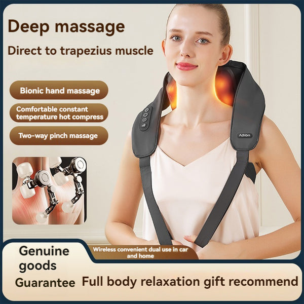 Upgraded Wireless Massager with 2000mAh Battery, Eight-Character Grasping and Kneading, Hot Compress, Silent Operation, Durable Thickened Faux Leather Case - Black